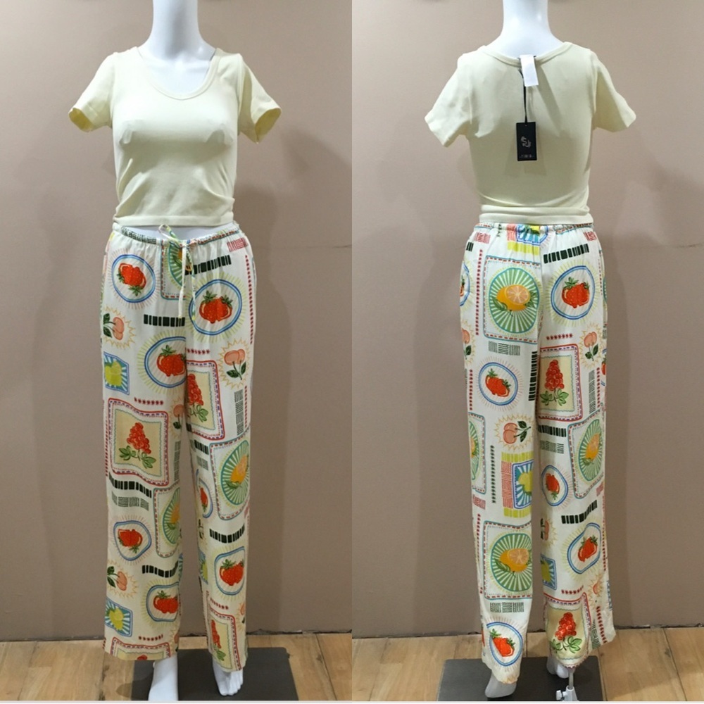 NWT Sincerely Jules 2 Pc Set Yellow Top & Fruit Print Wide Leg Pants Set Size S